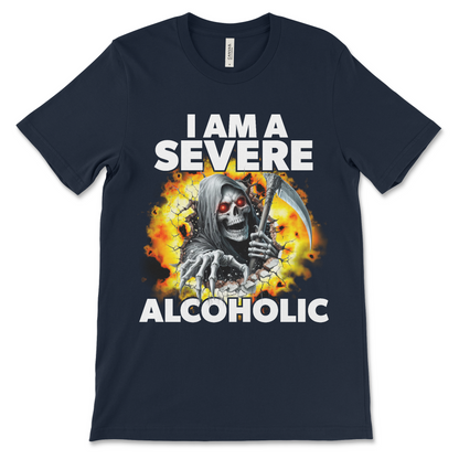 Funny alcoholic meme t-shirt with dark humor design and hard skeleton.