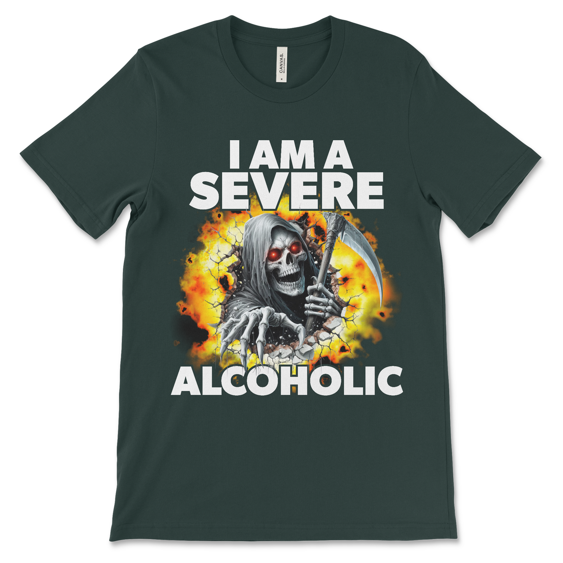 Funny alcoholic meme t-shirt with dark humor design and hard skeleton.