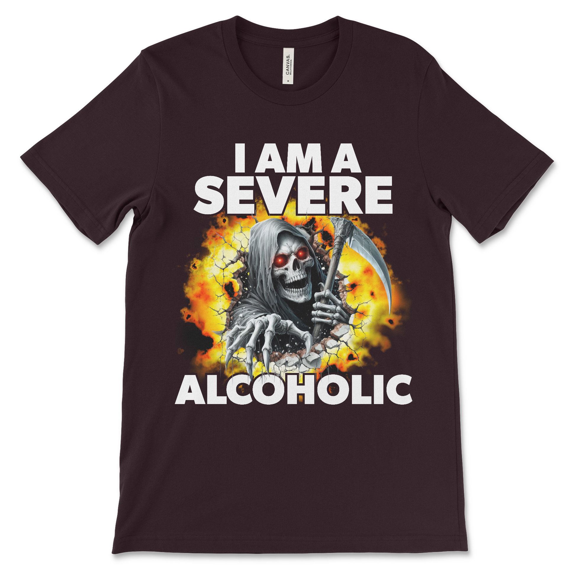 Funny alcoholic meme t-shirt with dark humor design and hard skeleton.