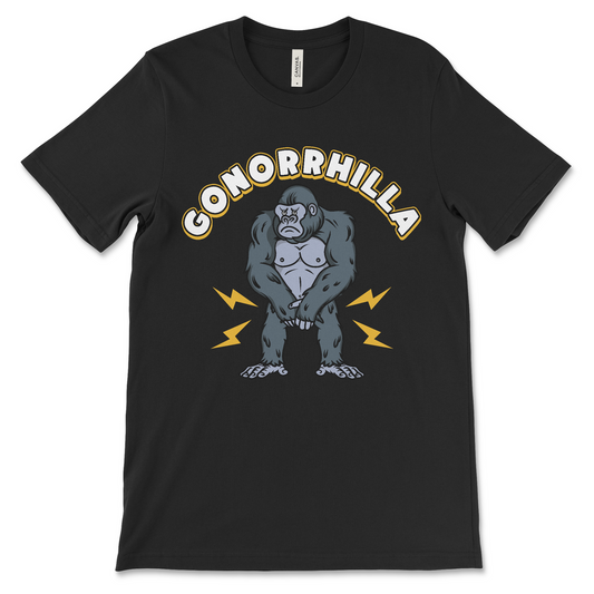 Funny gonorrhilla shirt featuring a sick gorilla with gonorrhea, gross meme tee with dark humor and STD pun