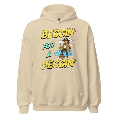Hoodie with the phrase Beggin’ for a Peggin’ and a peg-legged pirate, offensive meme hoodie with sexual humor and unhinged NSFW design.