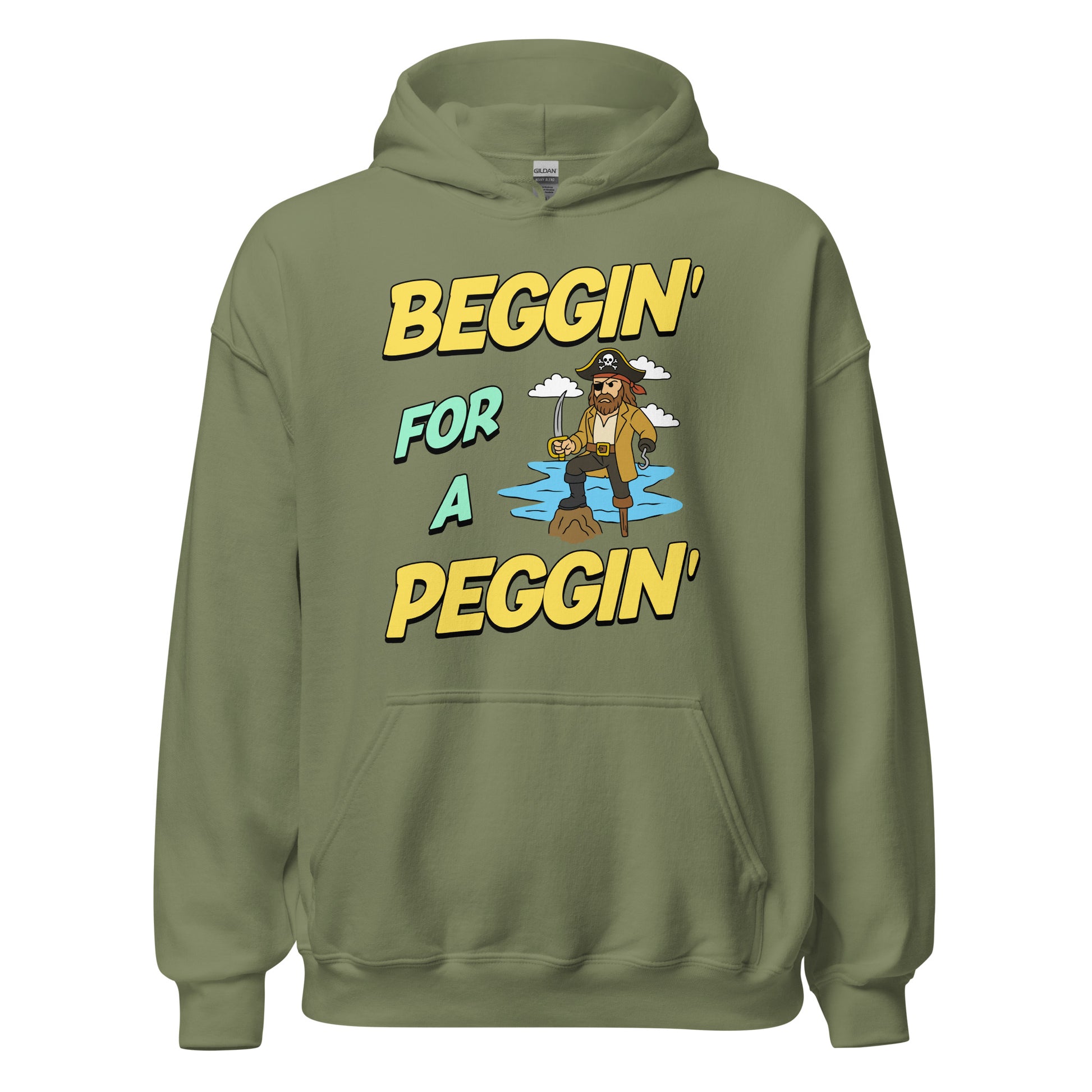 Hoodie with the phrase Beggin’ for a Peggin’ and a peg-legged pirate, offensive meme hoodie with sexual humor and unhinged NSFW design.