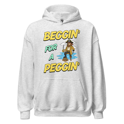 Hoodie with the phrase Beggin’ for a Peggin’ and a peg-legged pirate, offensive meme hoodie with sexual humor and unhinged NSFW design.