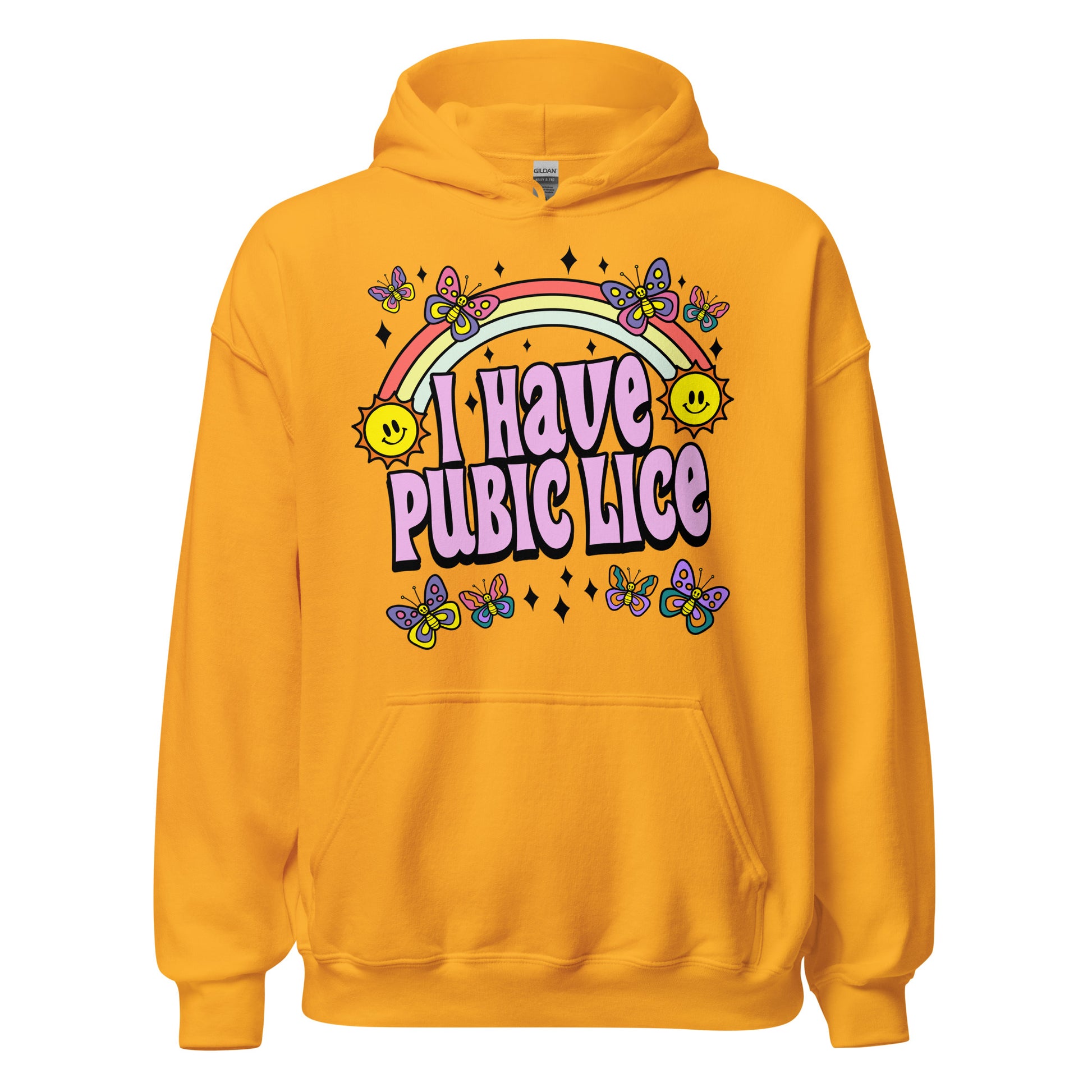 Hoodie that says "I Have Pubic Lice" — offensive NSFW hoodie with raunchy humor, crude joke, and inappropriate meme text.