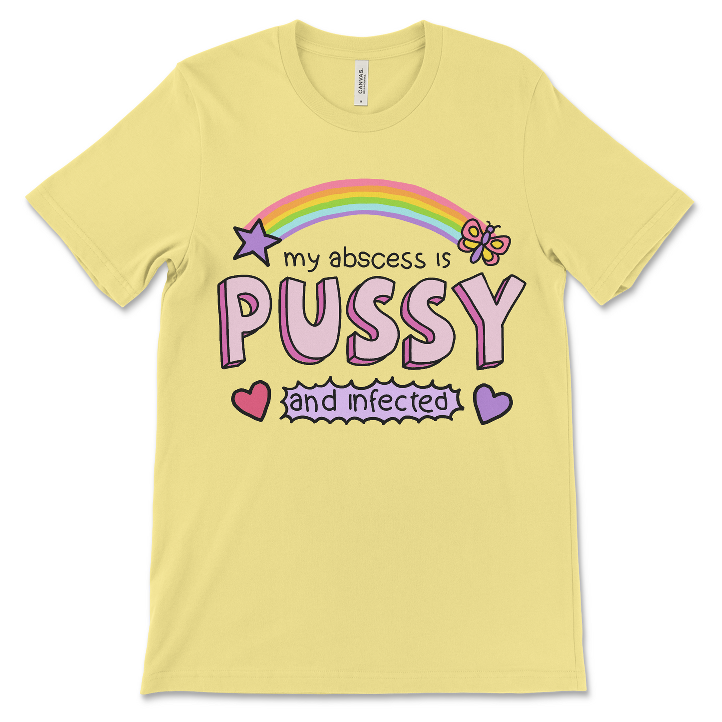 Offensive meme shirt that says "my abscess is pussy and infected," a gross humor t-shirt, weird graphic tee for vulgar meme lovers, cursed quote shirt, NSFW adult humor shirt, and disgusting viral tees.