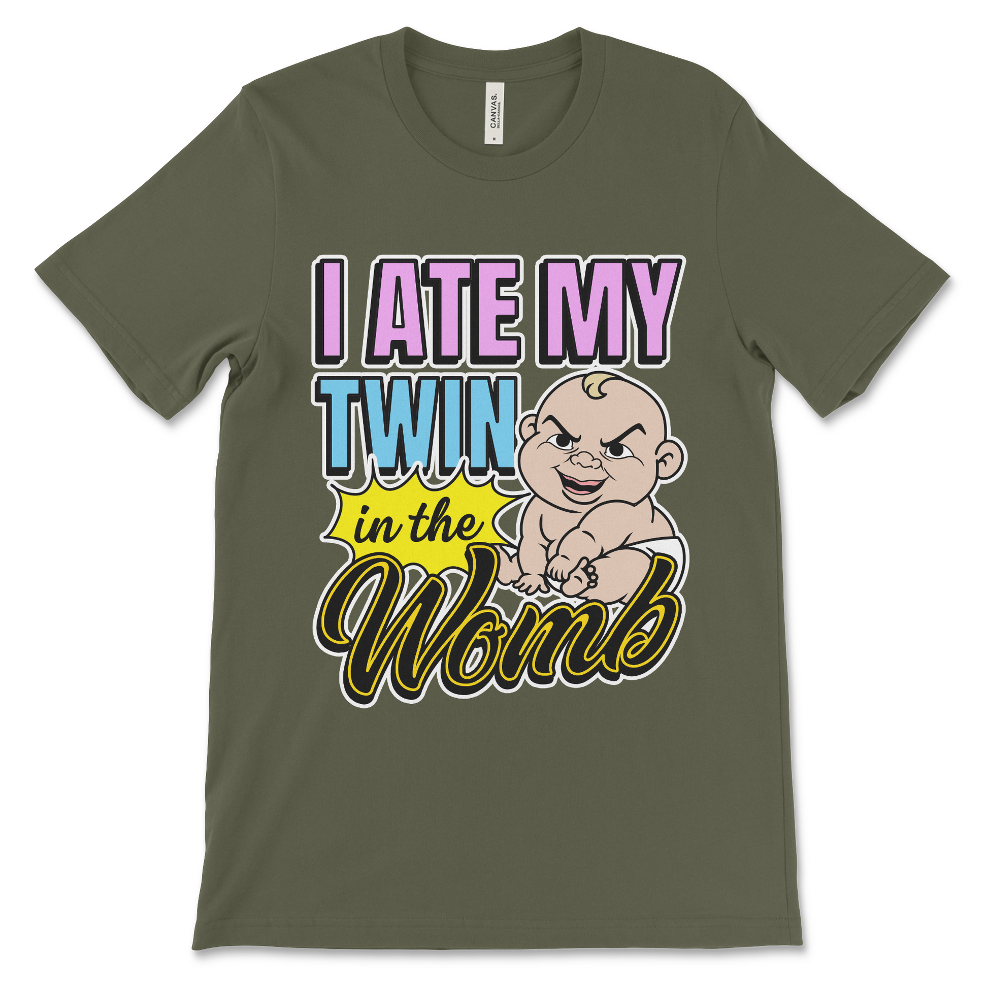 Dark humor meme shirt that says “I Ate My Twin in the Womb,” weird graphic tee with cursed t shirt vibes and edgy absurd humor.
