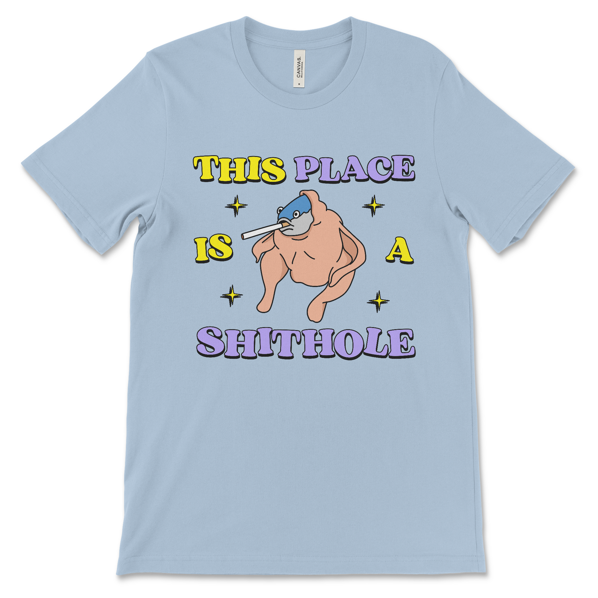 This surreal This Place Is a Shithole shirt political satire anti-USA graphic tee, is an offensive dark humor t-shirt, anti-establishment joke and inappropriate novelty shirt.