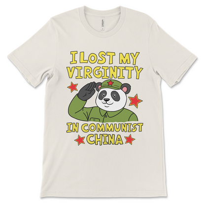 Dirty and out of pocket graphic tee with a panda and virginity theme, designed for people who collect the worst shirts ever.