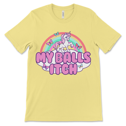 Cursed meme t-shirt with a distressed unicorn graphic and the phrase “My Balls Itch.” Great for lovers of offensive animal shirts, absurd internet humor, and surreal novelty clothing.