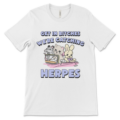 Vulgar herpes shirt with raunchy ironic humor, offensive adult meme tee