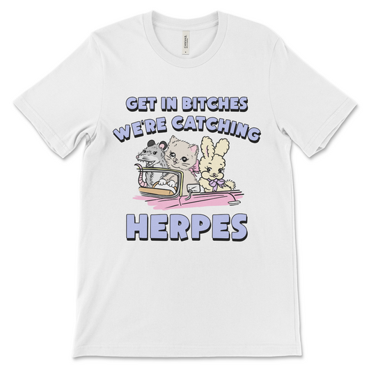Vulgar herpes shirt with raunchy ironic humor, offensive adult meme tee