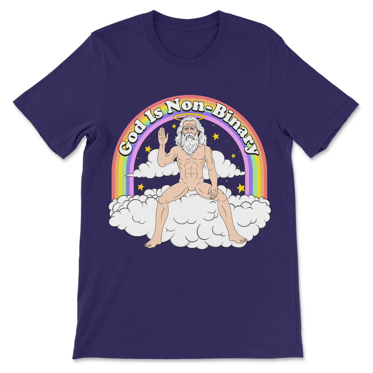 A purple short-sleeve t-shirt with a graphic print of a bearded God-like figure sitting on clouds under a rainbow, with the text 'God Is Non-Binary' arched above.
