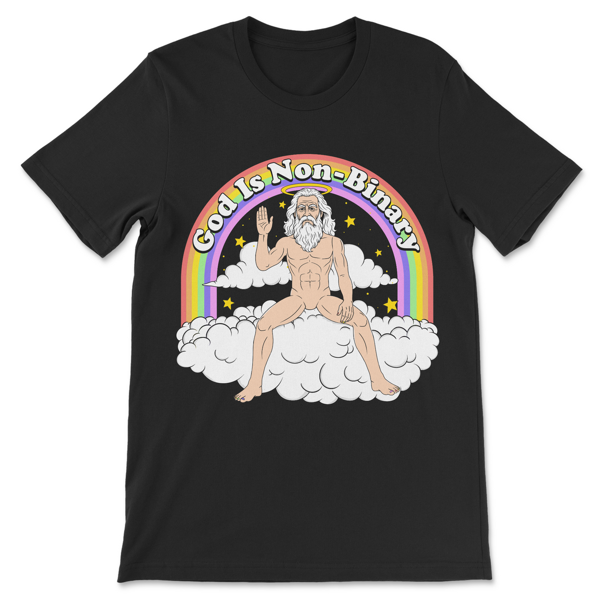 God Is Non-Binary funny shirt featuring a bearded God sitting on clouds beneath a rainbow in a colorful religious humor graphic
