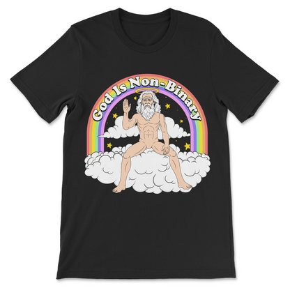 God Is Non-Binary funny shirt featuring a bearded God sitting on clouds beneath a rainbow in a colorful religious humor graphic
