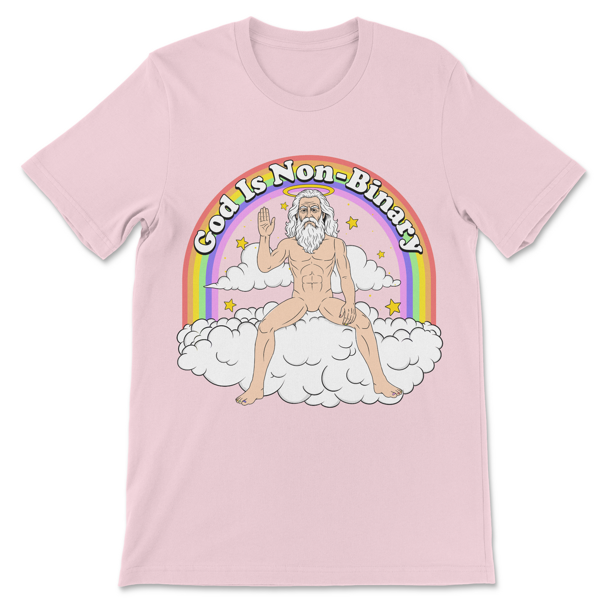 God Is Non-Binary funny graphic tee with queer humor, rainbow artwork, religious jokes and irreverent meme design

