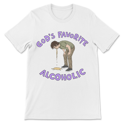 Drinking joke t-shirt with God's Favorite Alcoholic and a humorous vomiting illustration.
