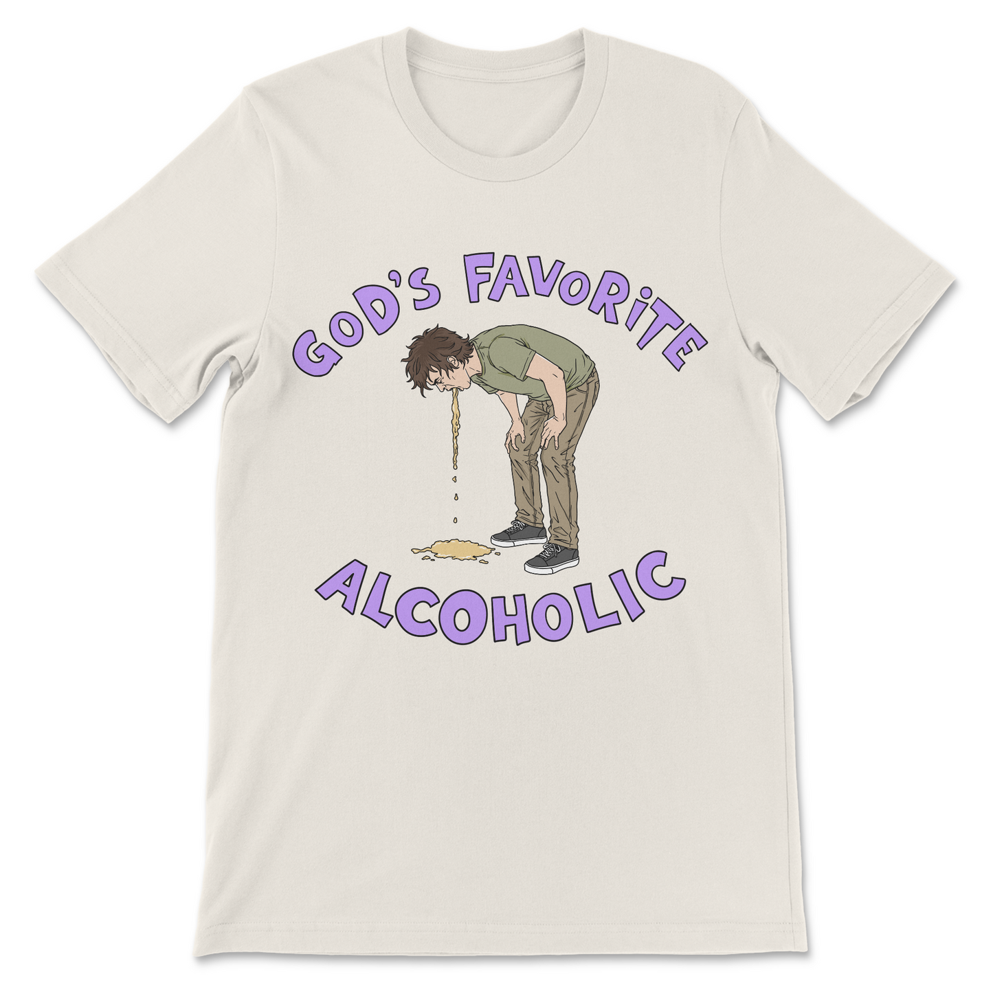 Funny drinking shirt reading God's Favorite Alcoholic with a man throwing up.
