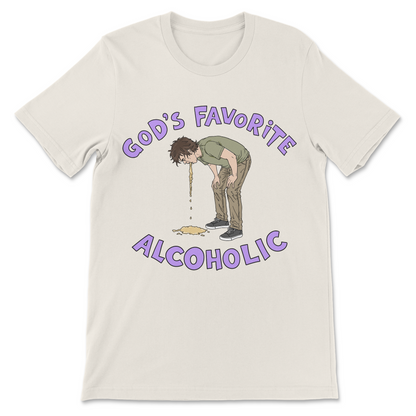 Funny drinking shirt reading God's Favorite Alcoholic with a man throwing up.
