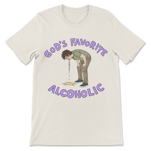 Funny drinking shirt reading God's Favorite Alcoholic with a man throwing up.
