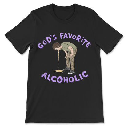 Offensive drinking t-shirt with the phrase God's Favorite Alcoholic and a puking man.
