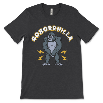 Disgusting and hilarious gonorrhea gorilla graphic tee, designed for lovers of inappropriate humor, meme fashion, and cursed animal jokes.

