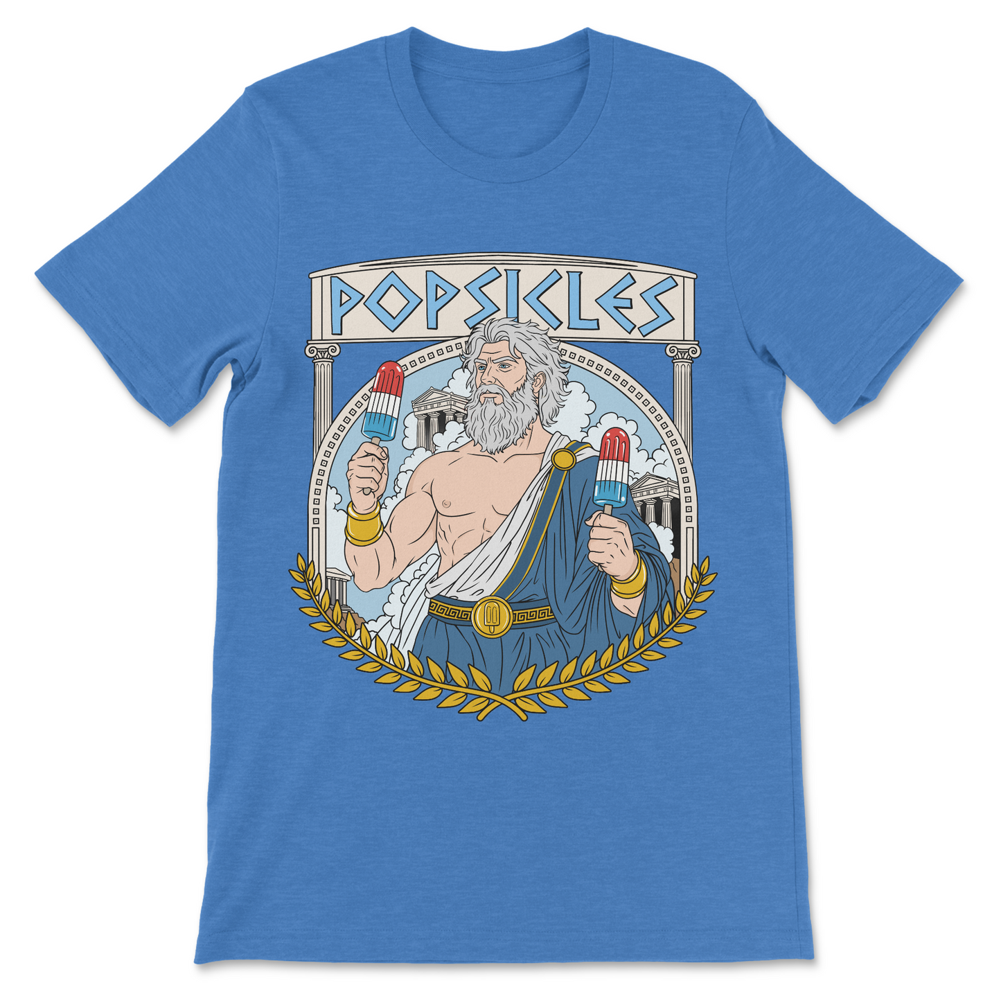 Funny philosophy shirt featuring the Greek god Popsicles in a vintage-style Greek art design.