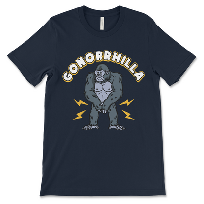Funny gonorrhilla shirt featuring a sick gorilla with gonorrhea, gross meme tee with dark humor and STD pun