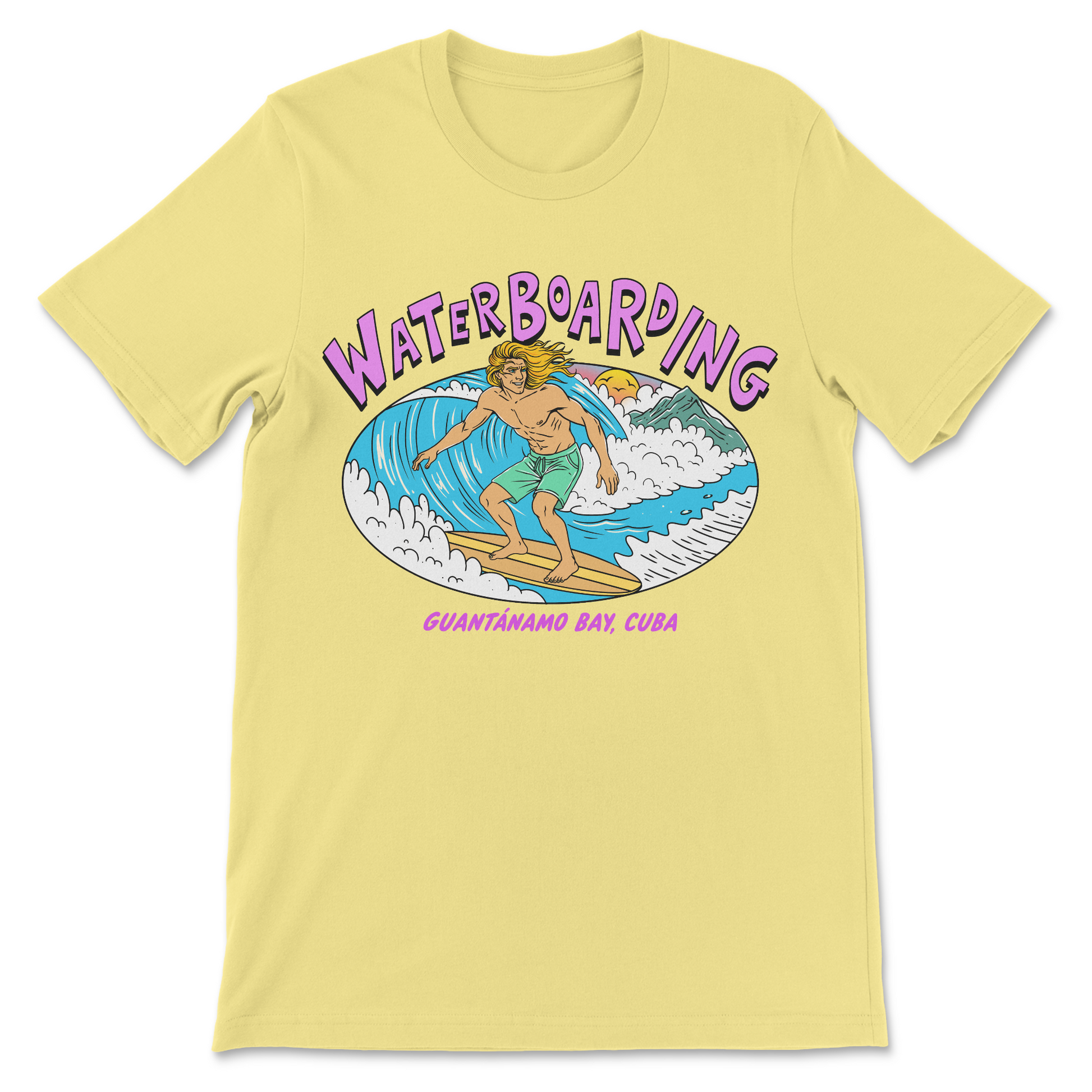 Dark humor surfing shirt featuring the phrase Waterboarding Guantanamo Bay, Cuba.
