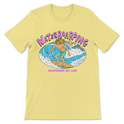 Dark humor surfing shirt featuring the phrase Waterboarding Guantanamo Bay, Cuba.
