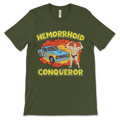 Weird humor shirt with a cursed hemorrhoid conqueror design that gets laughs and groans