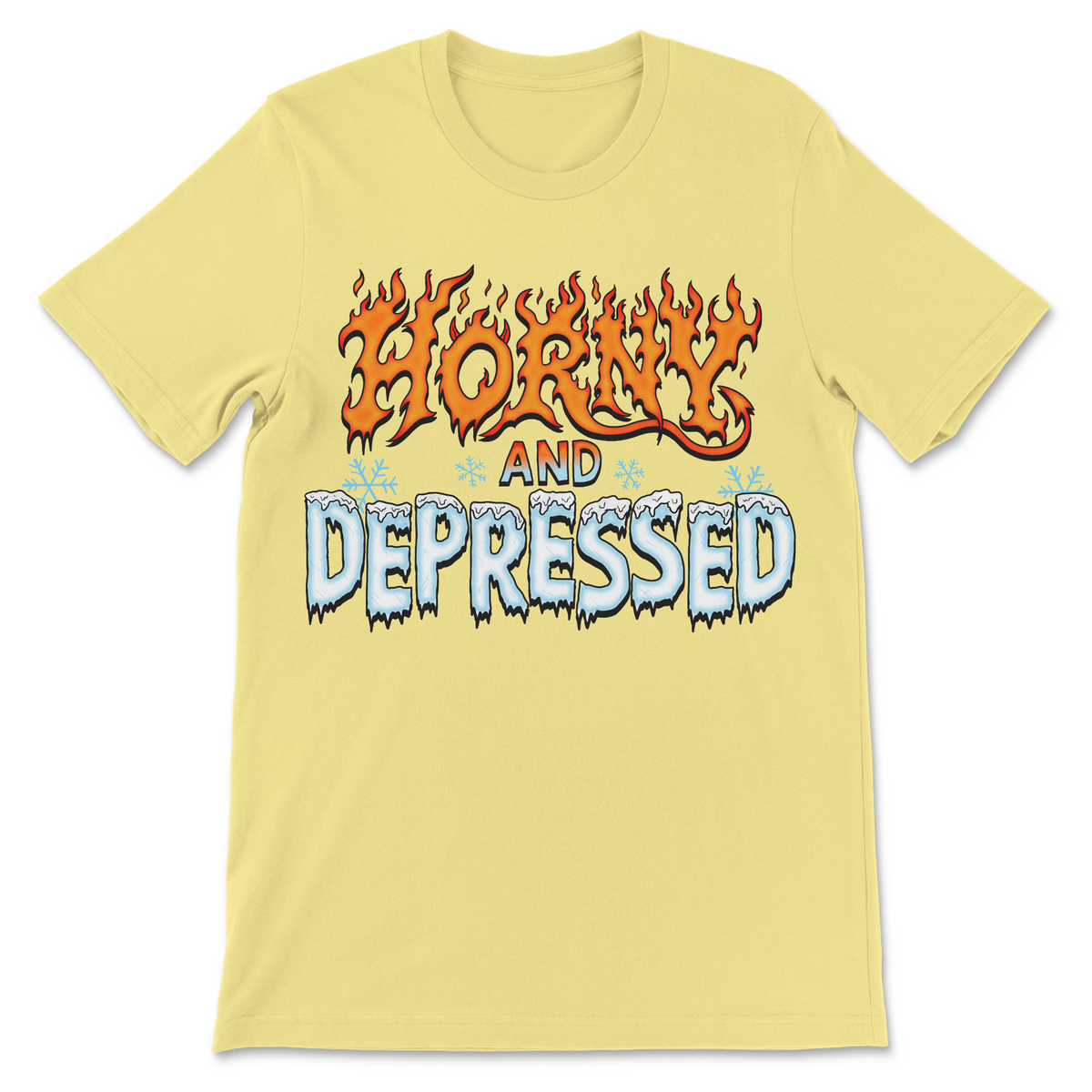 Horny and Depressed graphic tee with fire and ice text