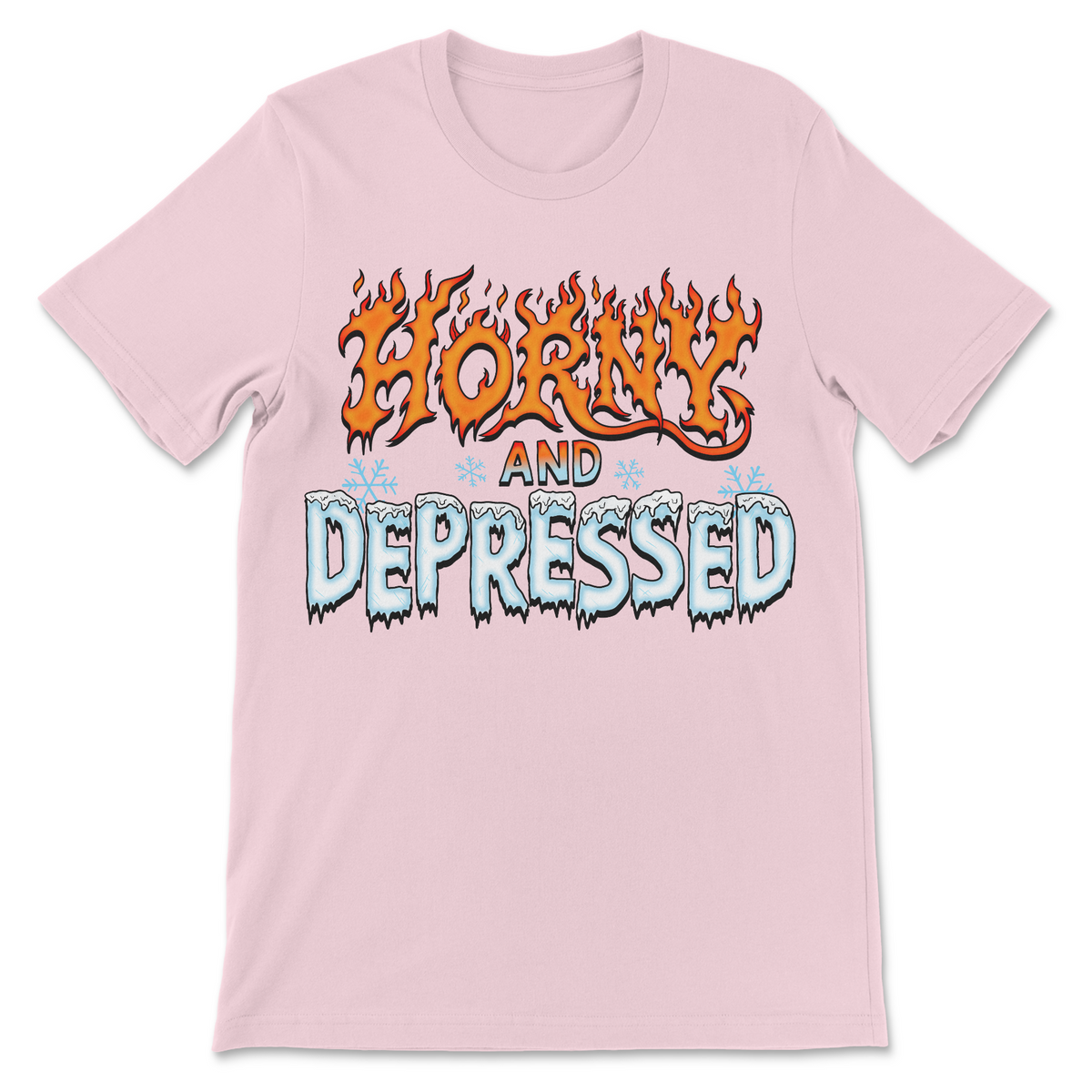 Funny Horny and Depressed meme shirt with flame and icicle design