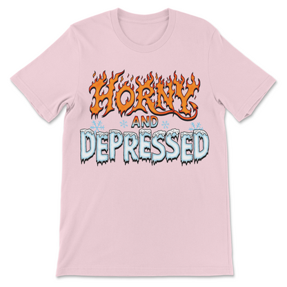 Funny Horny and Depressed meme shirt with flame and icicle design