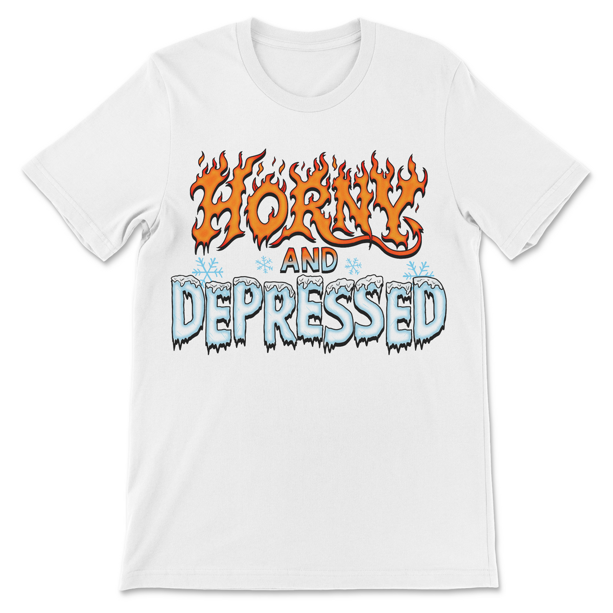 Horny and Depressed shirt with flaming orange and icy blue lettering
