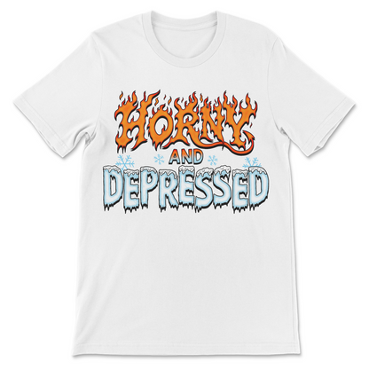 Horny and Depressed shirt with flaming orange and icy blue lettering
