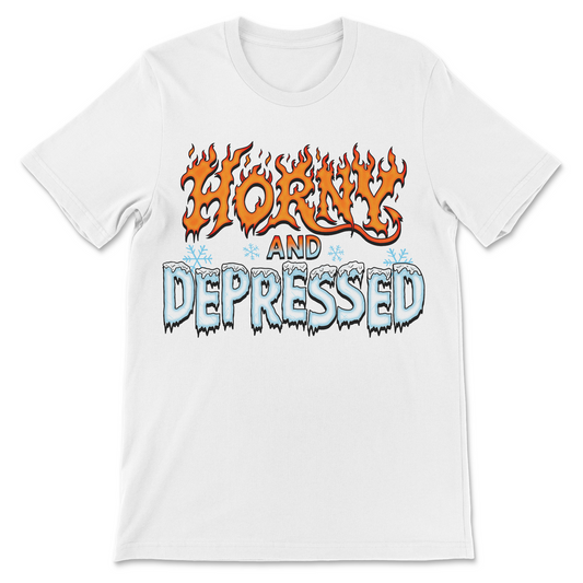 Horny and Depressed shirt with flaming orange and icy blue lettering
