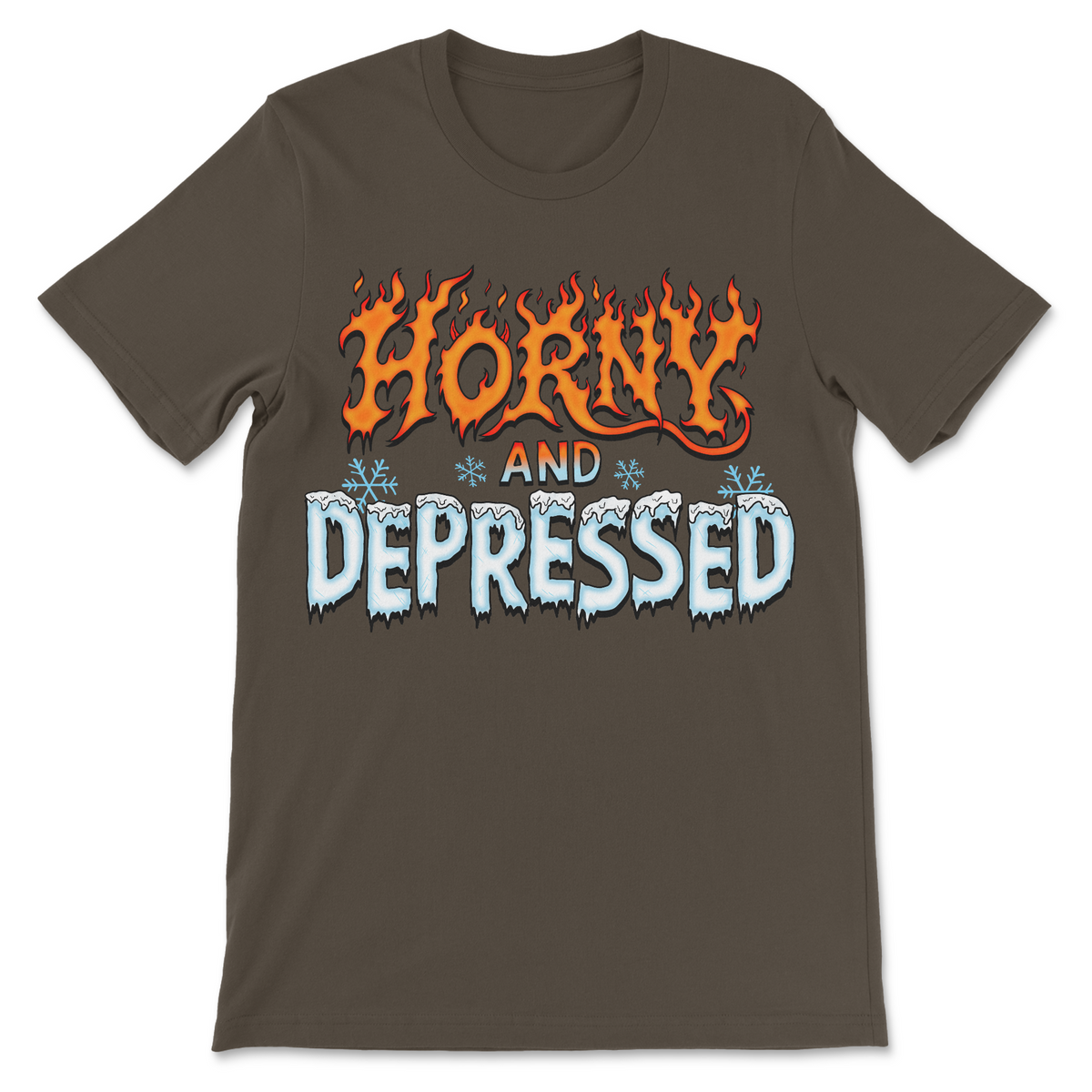 Horny and Depressed shirt with flaming and frozen lettering