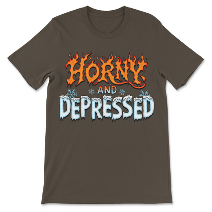Horny and Depressed shirt with flaming and frozen lettering
