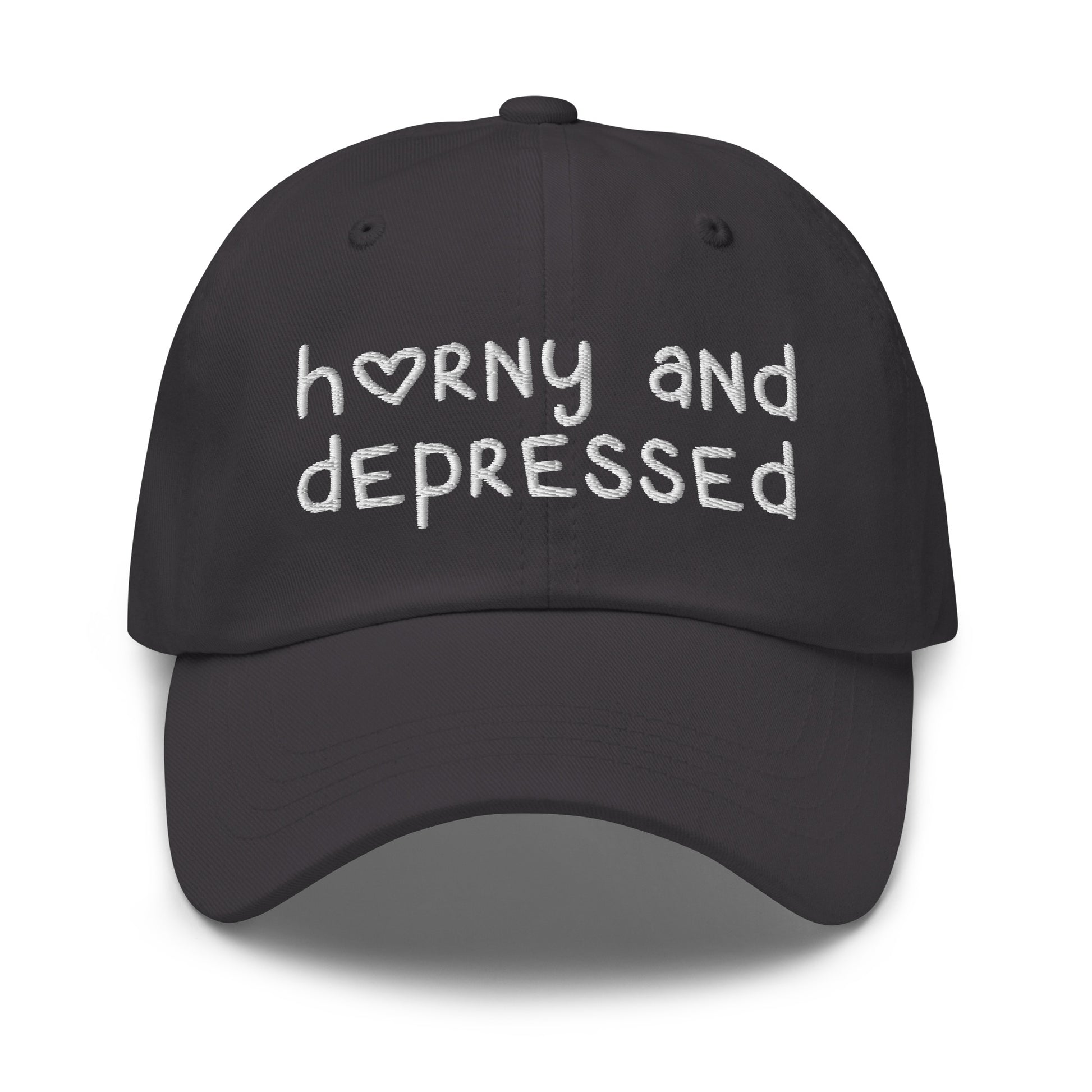 Funny embroidered dad hat with Horny and Depressed text, meme hat with offensive quote.