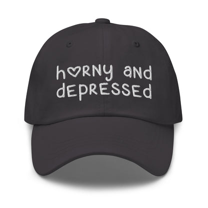 Funny embroidered dad hat with Horny and Depressed text, meme hat with offensive quote.