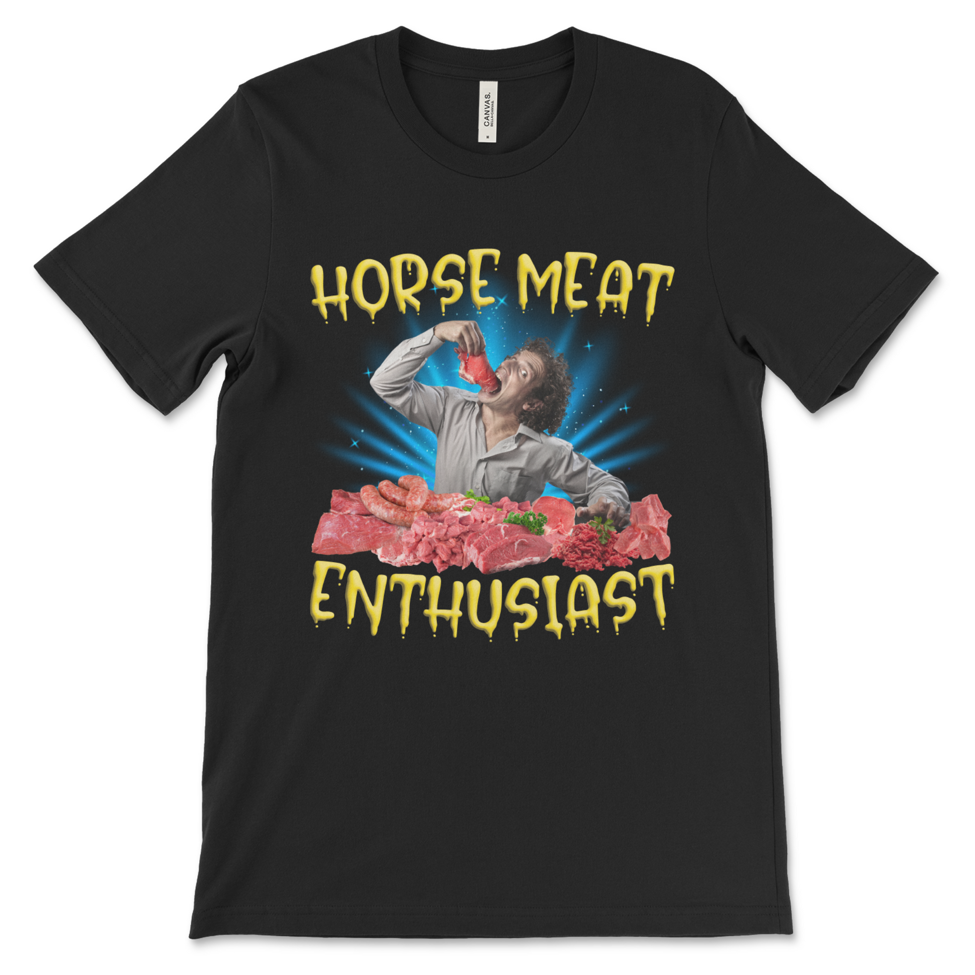 Horse Meat Enthusiast shirt with dark humor design, absurd meme t-shirt, weird graphic top for comedy fans