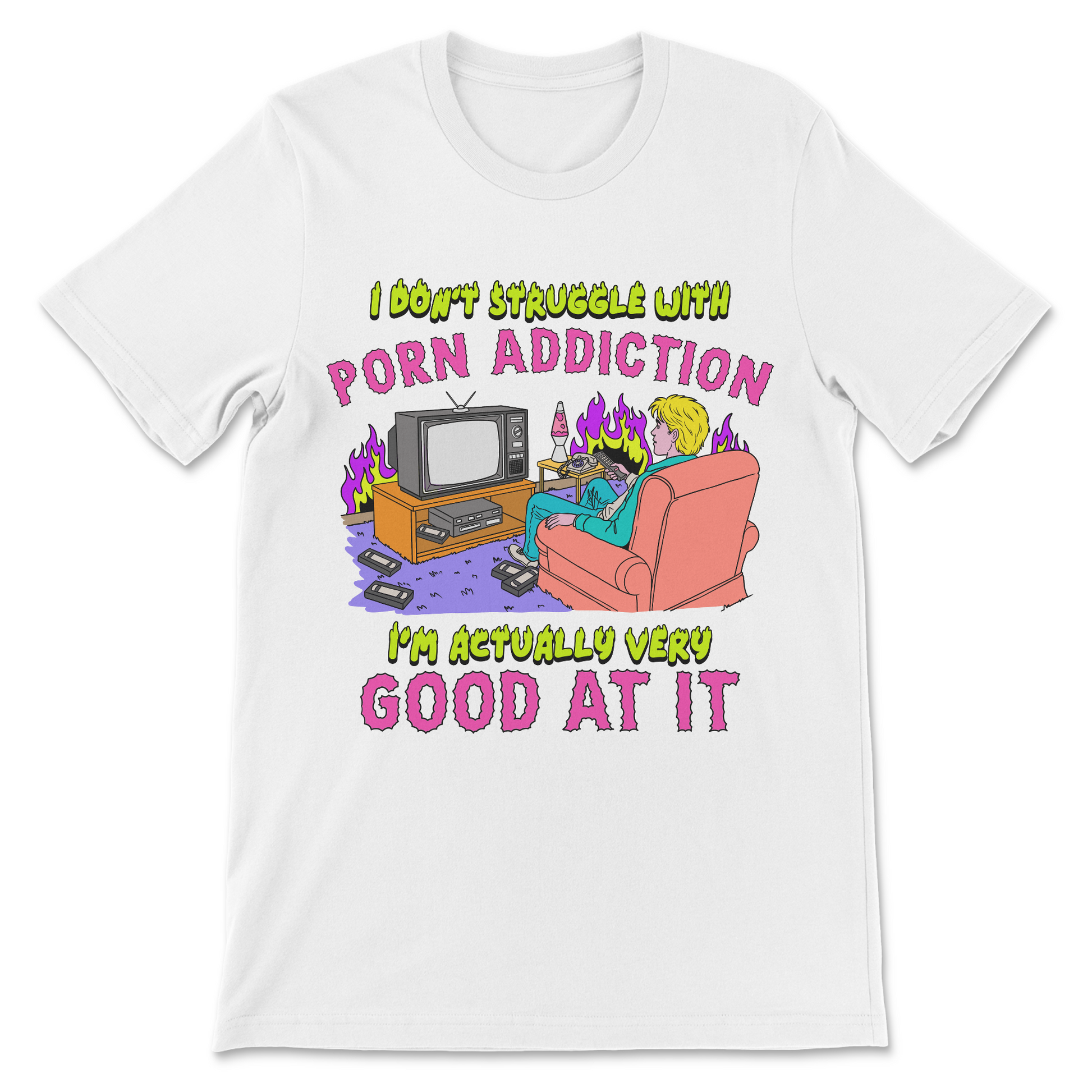 Raunchy graphic tee with porn addiction joke slogan
