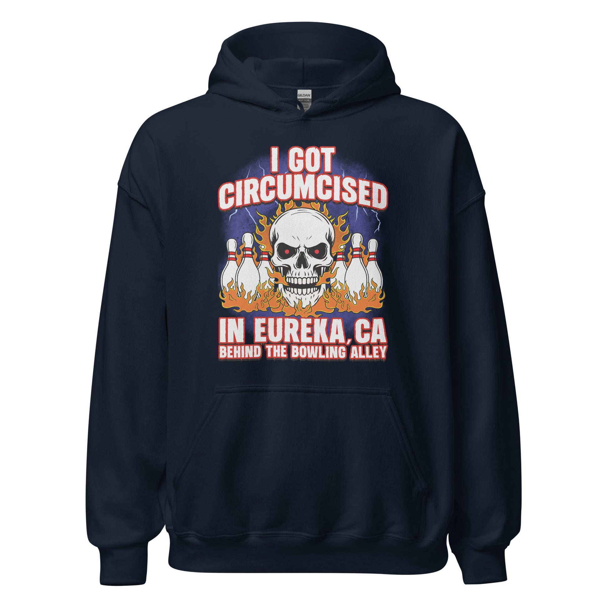 offensive cringe hoodie with weird ironic quote graphic that says I got circumcised in eureka California behind the bowling alley
