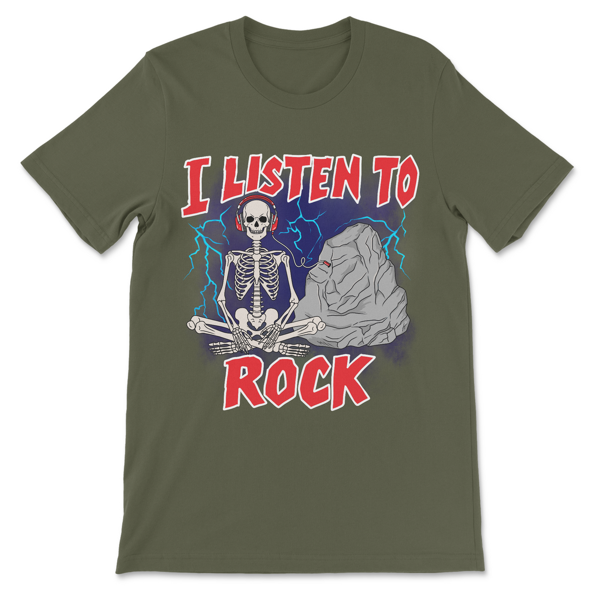 I Listen to Rock funny skeleton design with headphones and stone