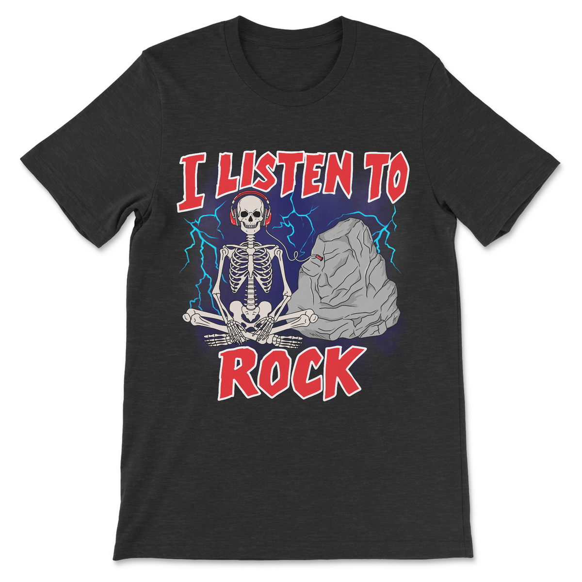 Funny rock music shirt featuring skeleton listening to an actual rock