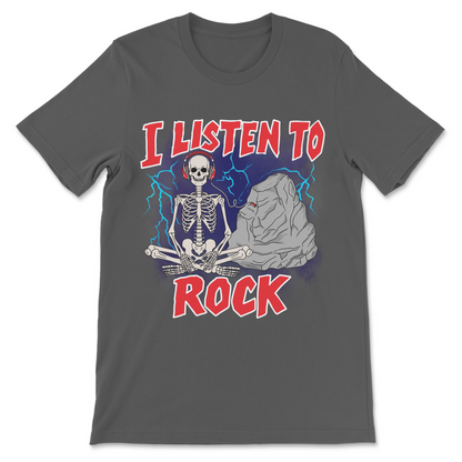 Funny meme shirt featuring skeleton listening to a rock
