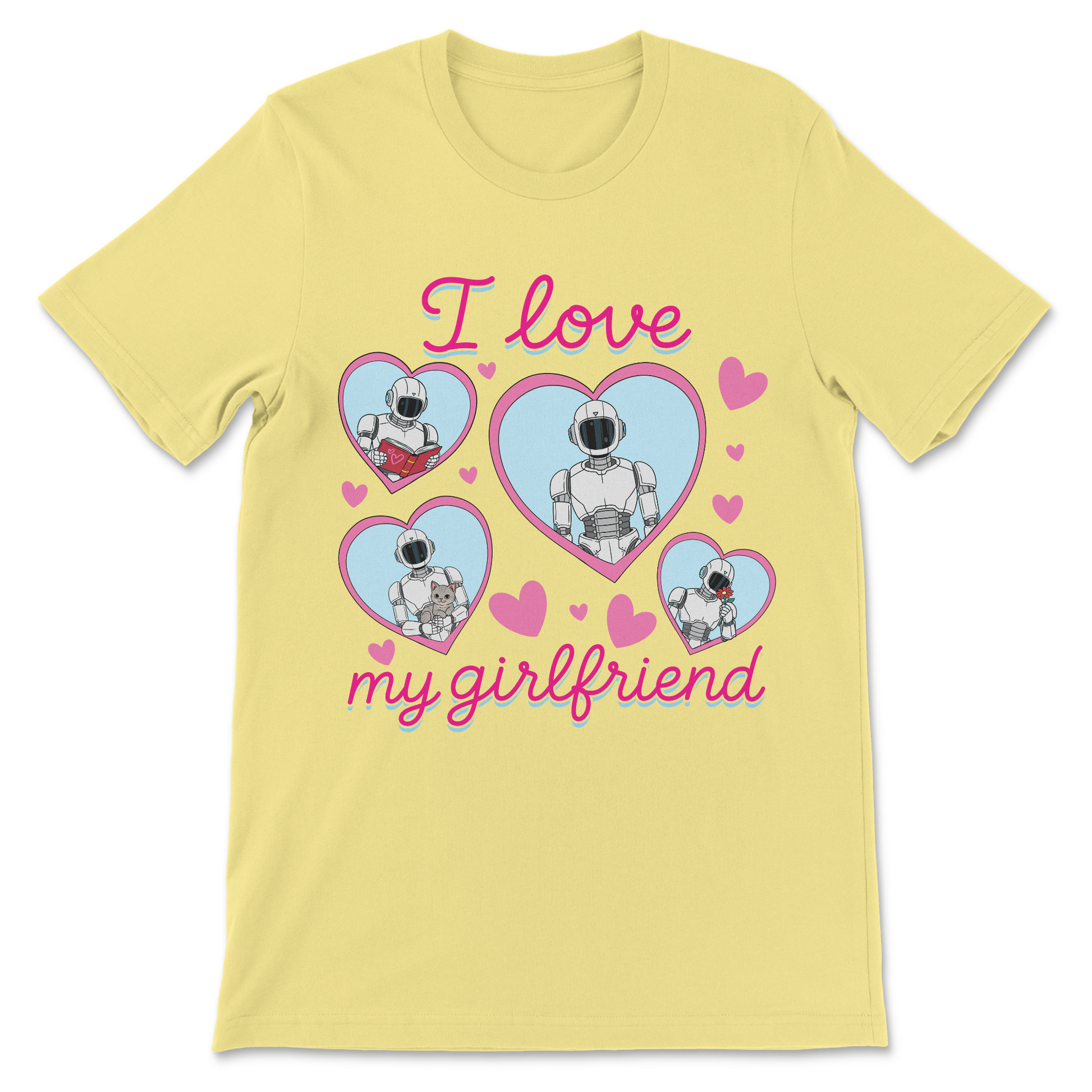 Cute robot girlfriend graphic tee with a humanoid AI, pink hearts, and the phrase "I Love My Girlfriend."