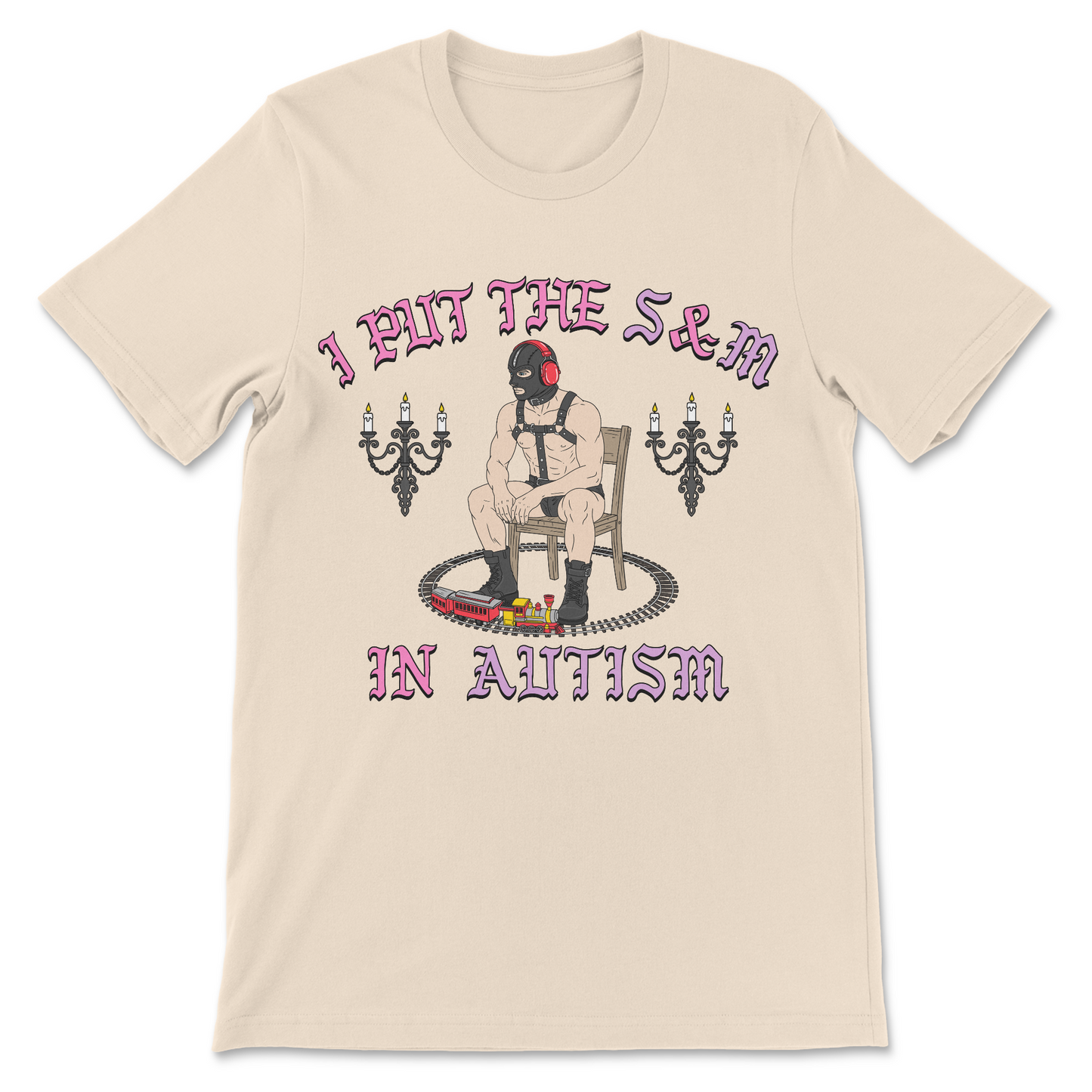 Funny autism graphic tee featuring an I Put The S and M In Autism design inspired by trains, noise cancelling headphones, and BDSM jokes.
