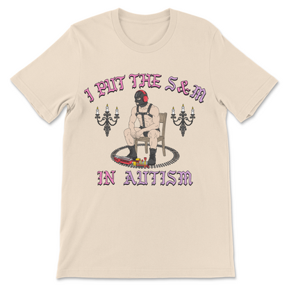 Funny autism graphic tee featuring an I Put The S and M In Autism design inspired by trains, noise cancelling headphones, and BDSM jokes.

