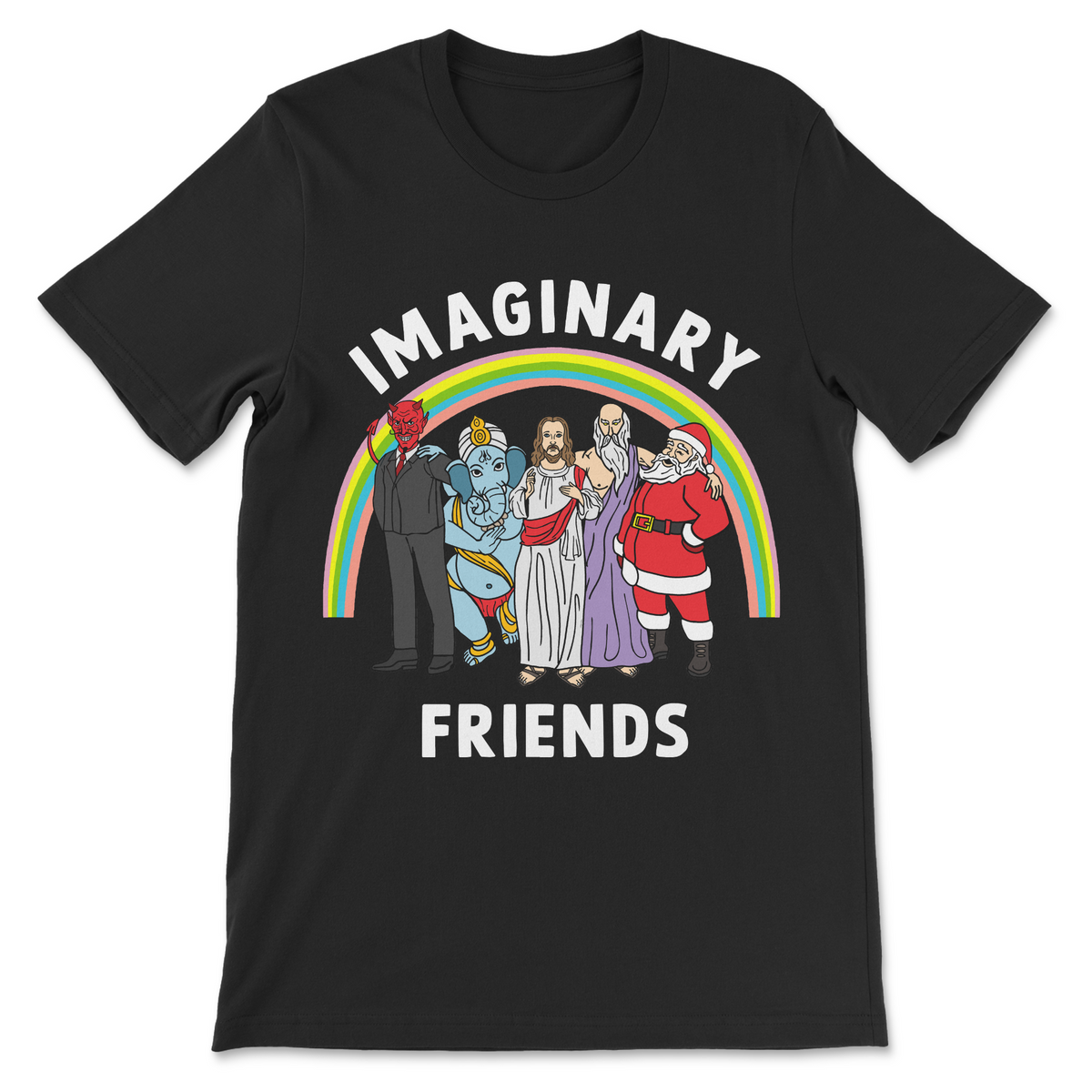 Imaginary Friends atheist humor shirt with religious figures under a rainbow